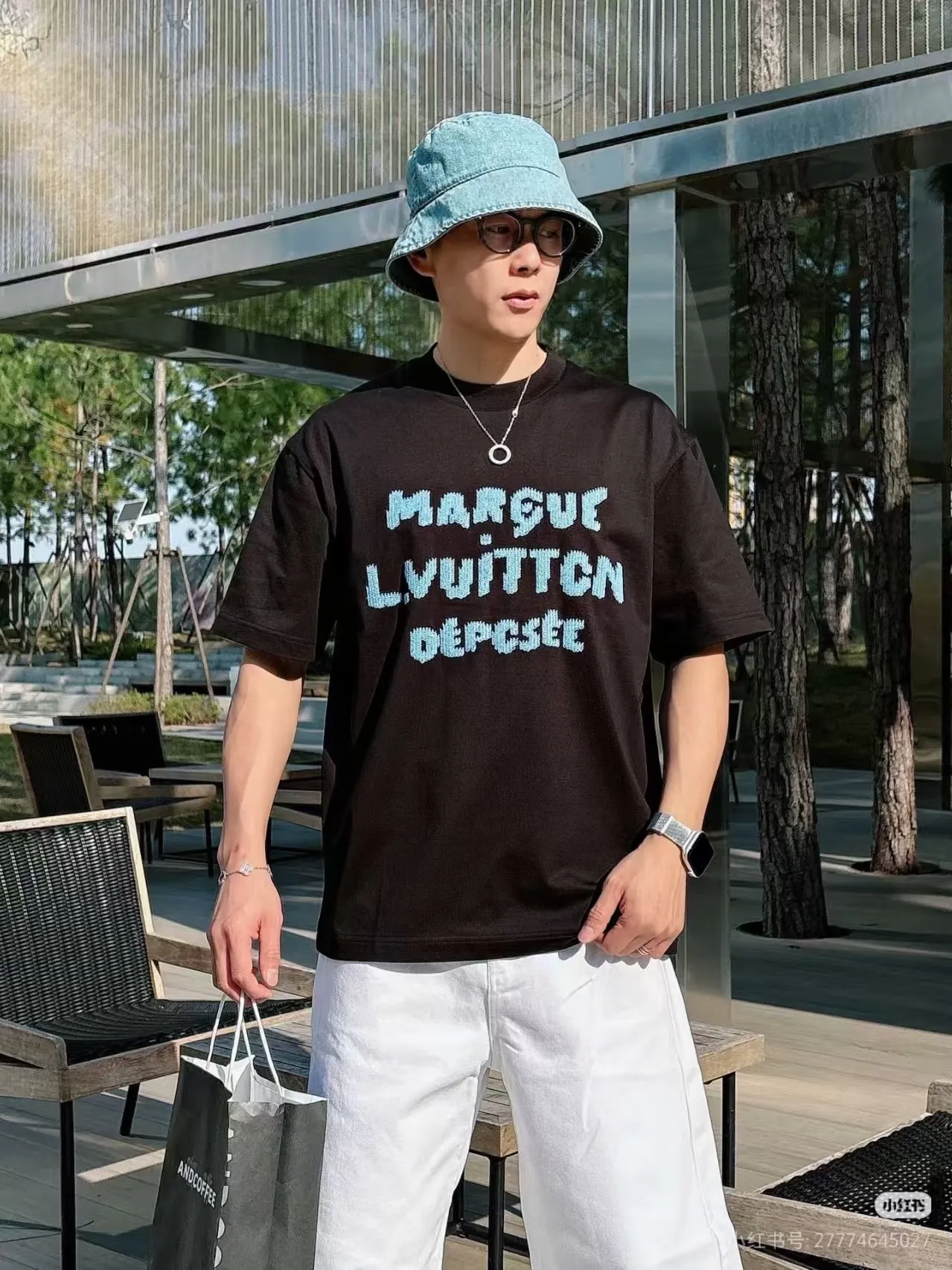 Louis Vuitton/Louis Vuitton Blue embroidered letter short sleeves